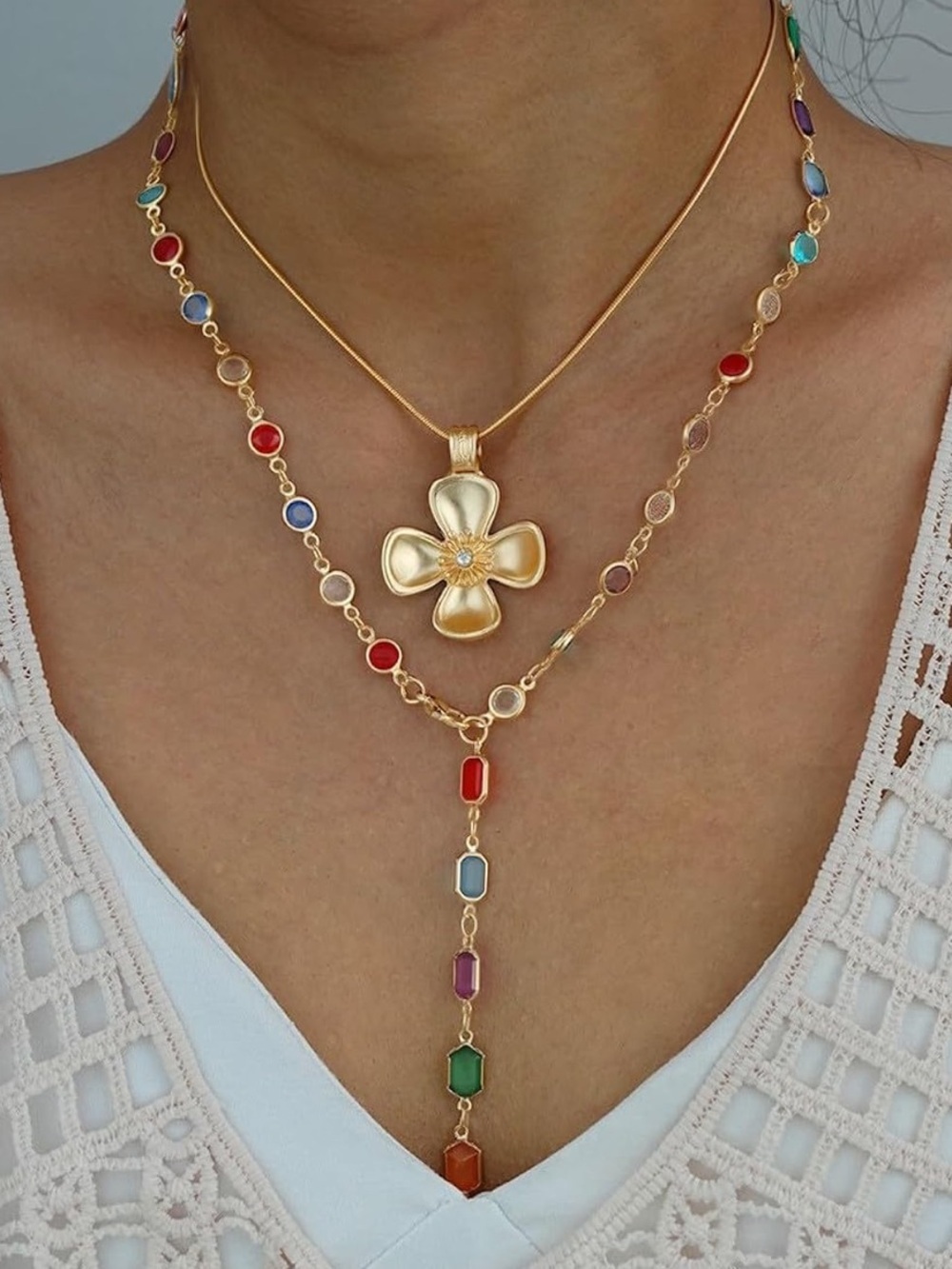 Anthropologie Gold Floral Pendant with Multicolor Bezel Station Necklace